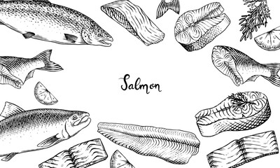  Fish sketch poster or banner. Salmon fillet, ink hand drawn vector illustration. Steaks slices. Fresh product. Engraved style vintage seafood. sea food restaurant menu, cooking recipe, product package