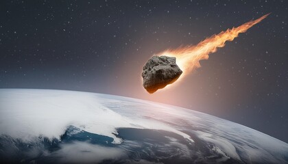 Wall Mural - an asteroid with fiery tail colliding into earth depicting the event that led to massdog rain and earth s element shift in mythology the meteor is depicted as a large orange sphere or oval shape