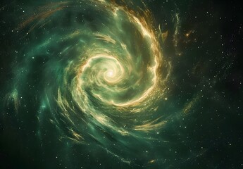 Canvas Print - Green Galaxy Spiral with Golden Stars and Nebulae