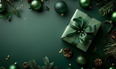 Poster - Green Christmas Gift Box Flat Lay with Decorations