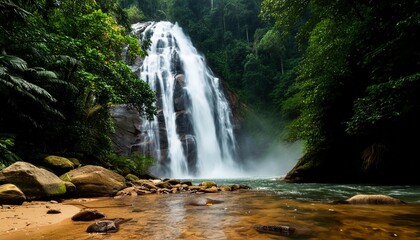 beautiful waterfall in the rainforest of borneo malaysia