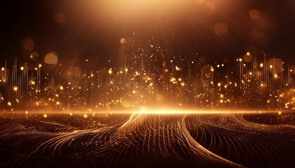 Wall Mural - digital dark brown abstract background with sparkling golden yellow light particles and areas with deep depths particles form into lines surfaces and grids