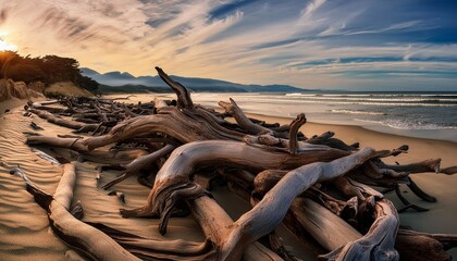 Wall Mural - the texture of weathered driftwood washed up on a sandy beach