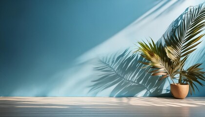 Wall Mural - cool blue wall with palm shadows blur a cool blue wall with soft blurred palm leaf shadows creating a refreshing and tranquil background