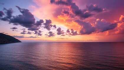 Wall Mural - pink purple sunset against the backdrop of a cloud of different colors over the sea