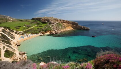 Wall Mural - crystal clear azure blue waters in ghajn tuffieha bay in malta