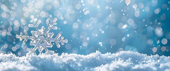 Sticker - Large Snowflake on Abstract Blue Background with Falling Snow