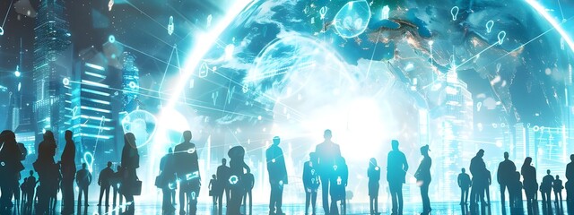 A digital illustration of business people standing in front of the Earth, with a blue and white color theme. The background is filled with futuristic buildings or skyscrapers.