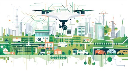 illustration of a smart city integrating drones and green technology for urban development and susta