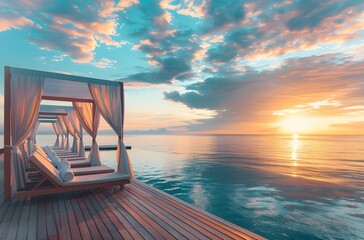 Sticker - Luxury Overwater Pool Deck at Sunset in Maldives