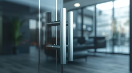 Illustration of the handle on the door of an office. Metal handle on the glass door. Glass door with a metal handle glass door glass background