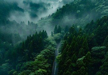 Sticker - Aerial View of Winding Road Through Foggy Forest