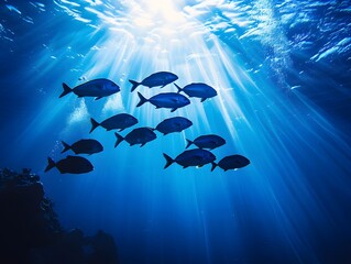 Canvas Print - School of Fish Swimming in Sun Rays