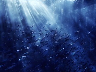 Canvas Print - Sunlight Illuminates School of Fish in Deep Sea