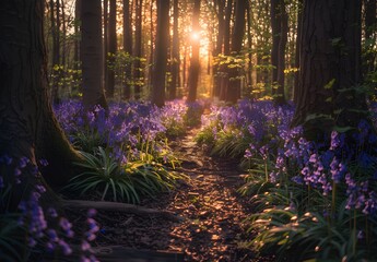 Sticker - Golden Sunrise Through Bluebell Forest Path