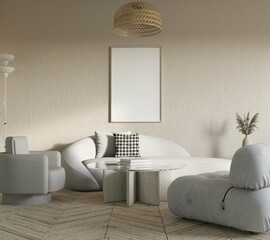 Mock up frame in cozy home interior background, scandinavian  style living room, 3d render