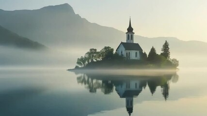 Sticker - A serene image of an ancient church shrouded in morning mist on a peaceful island. Ideal for travel posters, religious themes, or peaceful backgrounds