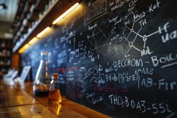 Poster - Science laboratory with beakers and flasks containing orange liquid and a blackboard full of formulas, ideal for science, chemistry, experiments and research