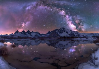 Wall Mural - Milky Way Reflecting in Snowy Mountains Lake