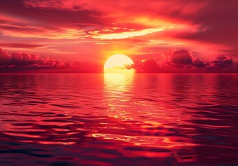 Wall Mural - Stunning Red Sunrise Over Calm Ocean