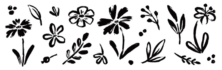 Poster - Flower abstract hand drawn brush ink stroke. Sketch hand drawn silhouette floral plant, nature graphic leaf, scribble grunge brush texture. Vector simple flower, leaf ink stroke. Vector illustration