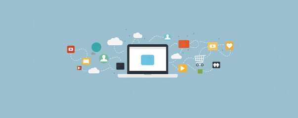 Poster - a laptop screen with a lot of icons and a cloud in the background. concept of technology and the int