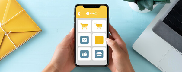 Poster - A person is holding a cell phone with a shopping app open. The app has a shopping cart icon and a menu button