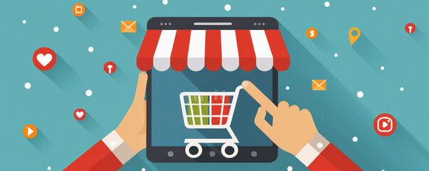Poster - A person is pointing at a shopping cart on a tablet. The image has a festive and cheerful mood, with a blue background and a red and white striped awning. There are also several other icons