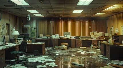 Wall Mural - Office in dim light, empty desks, scattered papers, 'Out of Business' signs: symbolizes failure.