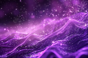 Wall Mural - Digital purple particle waves and light create an abstract background filled with shining stars, representing a vibrant and dynamic visual experience in modern design.