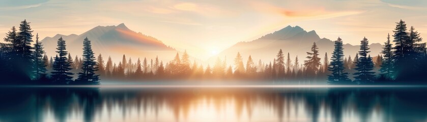 tranquil mountain landscape above a calm lake at sunrise, creating a serene reflection of distant pe