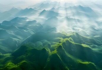 Sticker - Aerial View of Sunlit Mountains in China