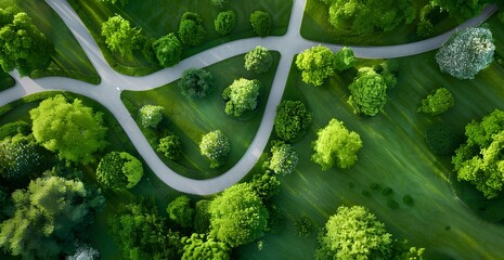 Poster - Aerial View of Winding Paths and Trees in a Green Park