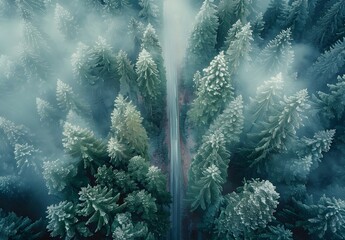 Poster - Aerial View of Road Through Misty Pine Forest