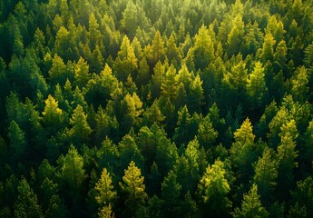 Poster - Aerial View of Lush Green Pine Forest in Spring