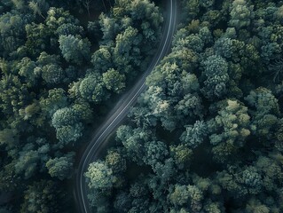 Wall Mural - Aerial View of Winding Road Through Forest Canopy