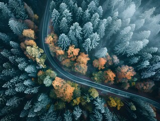 Wall Mural - Aerial View Winding Road Through Snowy Forest