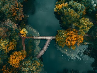 Poster - Aerial View of Autumn Forest Lake with Bridge