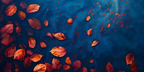 Wall Mural - Autumn Leaves on Dark Blue Background