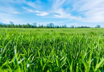 Poster - Green Grass Field with Blue Sky Background