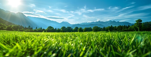 Wall Mural - Green Grass Meadow with Mountains and Blue Sky