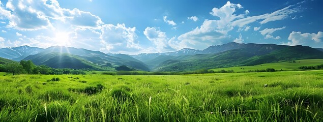 Poster - Green Grass Meadow with Mountains and Blue Sky