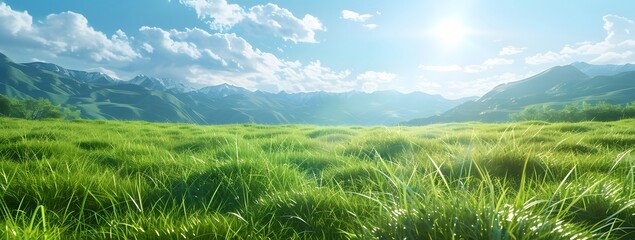 Canvas Print - Green Grass Meadow With Mountains And Sky