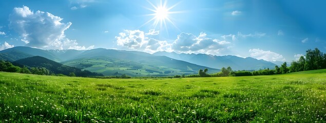 Canvas Print - Green Grass Meadow with Mountains & Blue Sky