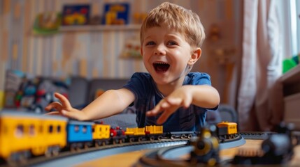 A child playing with a train set, setting up tracks and moving the trains around with excitement