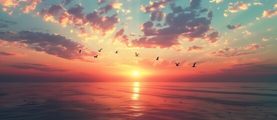 Sticker - Stunning Sunset Seascape with Birds in Flight