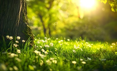 Canvas Print - Sunlit Spring Meadow with Flowers and Trees