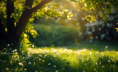 Wall Mural - Sunlit Spring Meadow with Flowers and Tree