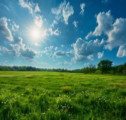 Poster - Sunlit Spring Meadow with Blue Sky and Clouds