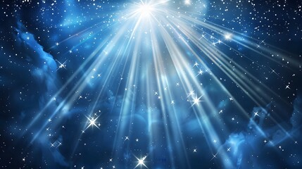 Wall Mural - Blue Sky With Bright Glowing Rays And Stars